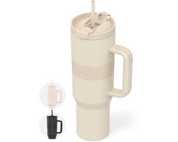 ONYX Drinkfles met Rietje 1.2 Liter - Waterfles voor Kinderen & Volwassenen - Thermosbeker RVS Travel Mug - Motiverende Drinkbus - Drinkbeker voor School - Beige