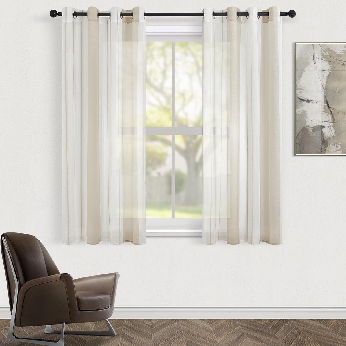 Ibenzoa Gordijnen met Oogjes Wit Beige Strepen Half-Transparant 140x145cm - 2 Stuks beige wit