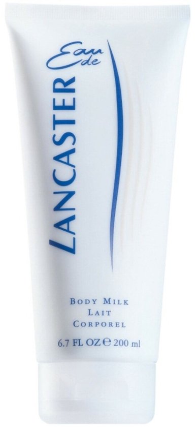 Witte tube met Lancaster logo, blauwe en gele lijnen, Body Milk Lait Corporel, 200ml.
