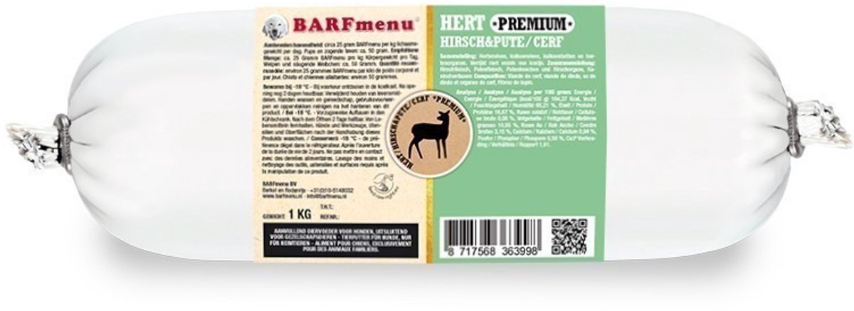 Barfmenu hert premium hondenvoer - 1000 gr