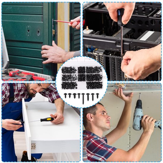 Collage van vier afbeeldingen: installatie van een schroef in een deur, montage van een computer, bevestiging van een schuif, en schroeven met een boormachine. In het midden een assortimentsdoos met schroeven.