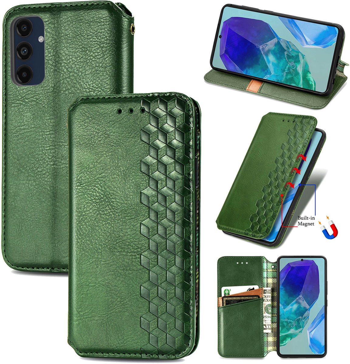 Luxe PU Lederen Ruitpatroon Wallet Case + PMMA Screenprotector voor Galaxy A16 _ Groen