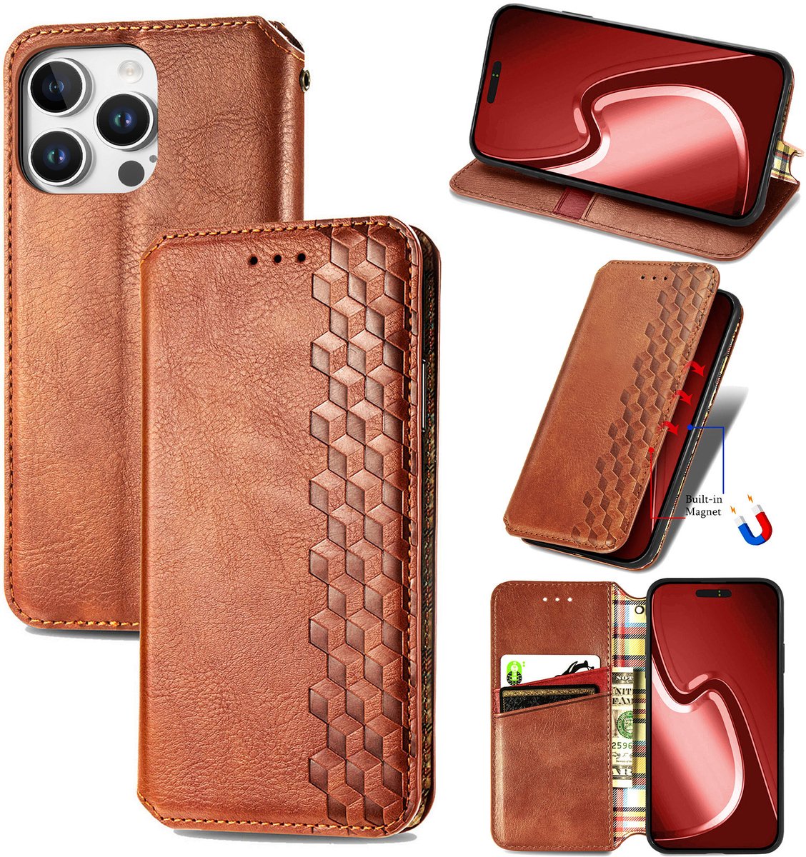 Luxe PU Lederen Ruitpatroon Wallet Case + Screenprotector voor iPhone 16 Pro _ Bruin