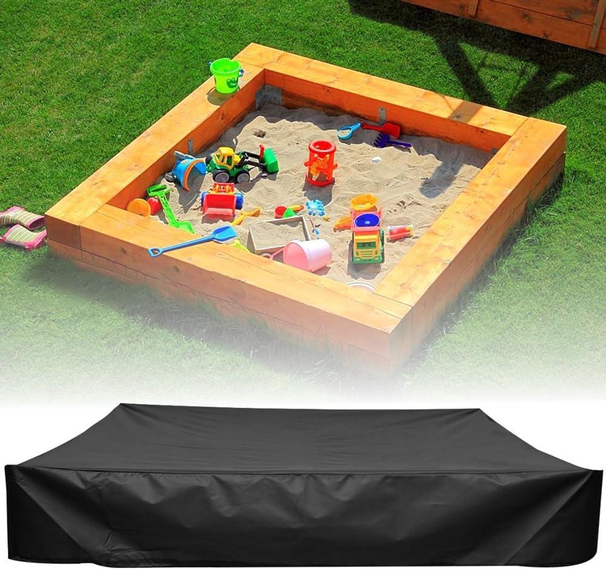 Zandbakafdekking 150 x 150 cm - waterdicht zeil met opbergtas - stofdichte hoes voor zandbak - Oxford-stof met trekkoord - voor zandbak en zwembad - Bescherming tegen regen en vuil