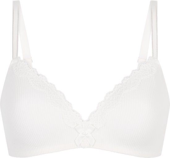 Witte voorgevormde bh zonder beugel met ribbelstructuur, kanten rand en strikje.