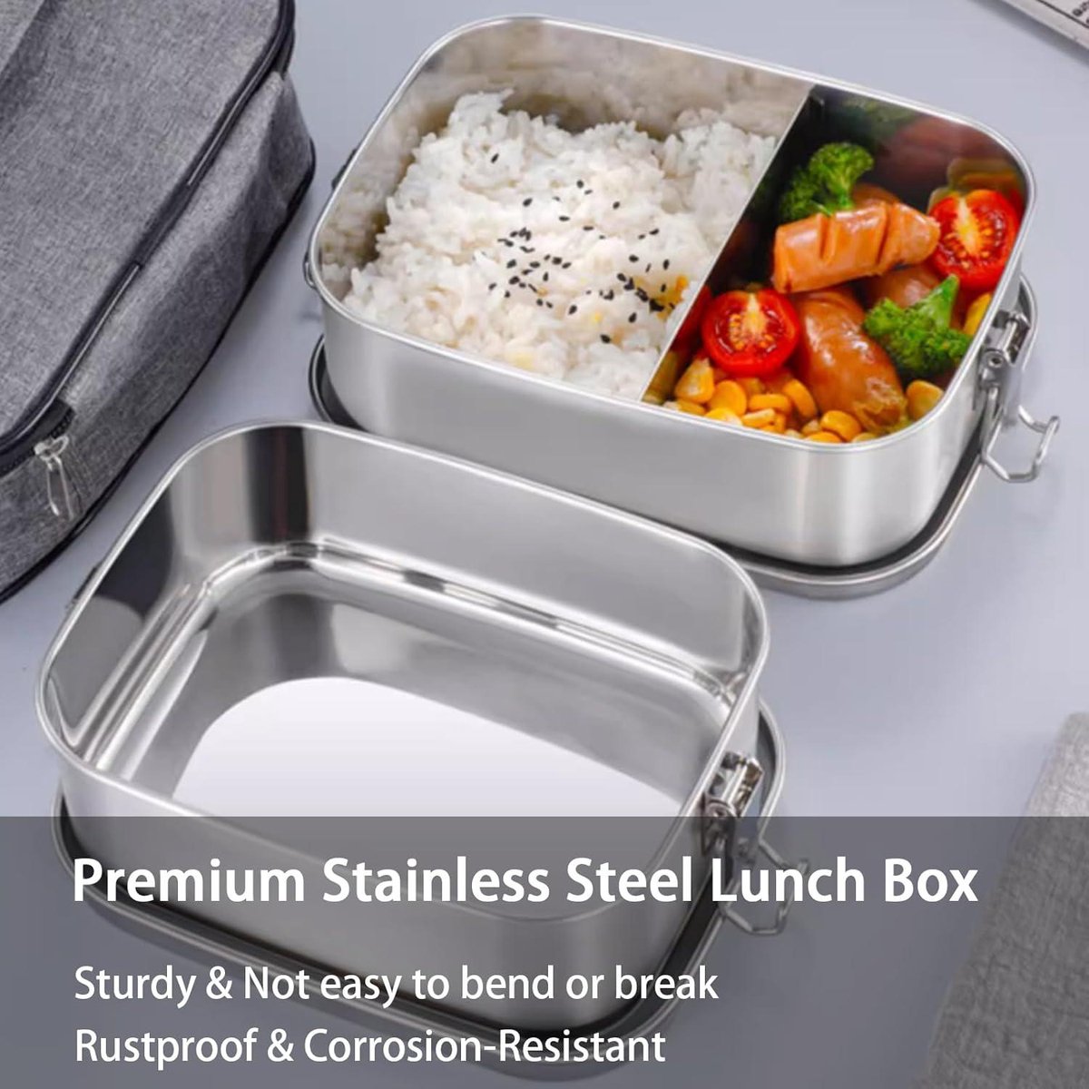 Miiepls Broodtrommel van roestvrij staal met 2 vakken, lunchbox, lekvrij, 800 ml, broodtrommel met scheidingswand, metaal, milieuvriendelijk en BPA-vrij, voor volwassenen en kinderen