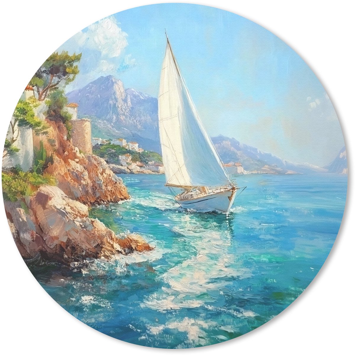Muismat rond 20x20 cm - Mousepad Zeilboot - Rotsen - Kust - Huizen - Ronde muismatten