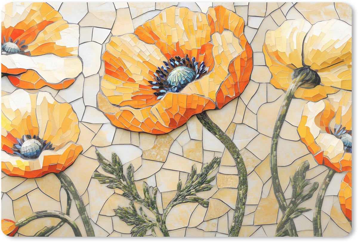 Muismat 27x18 cm - Mousepad Klaprozen - Oranje - Mozaïek - Bladeren - Muismatten