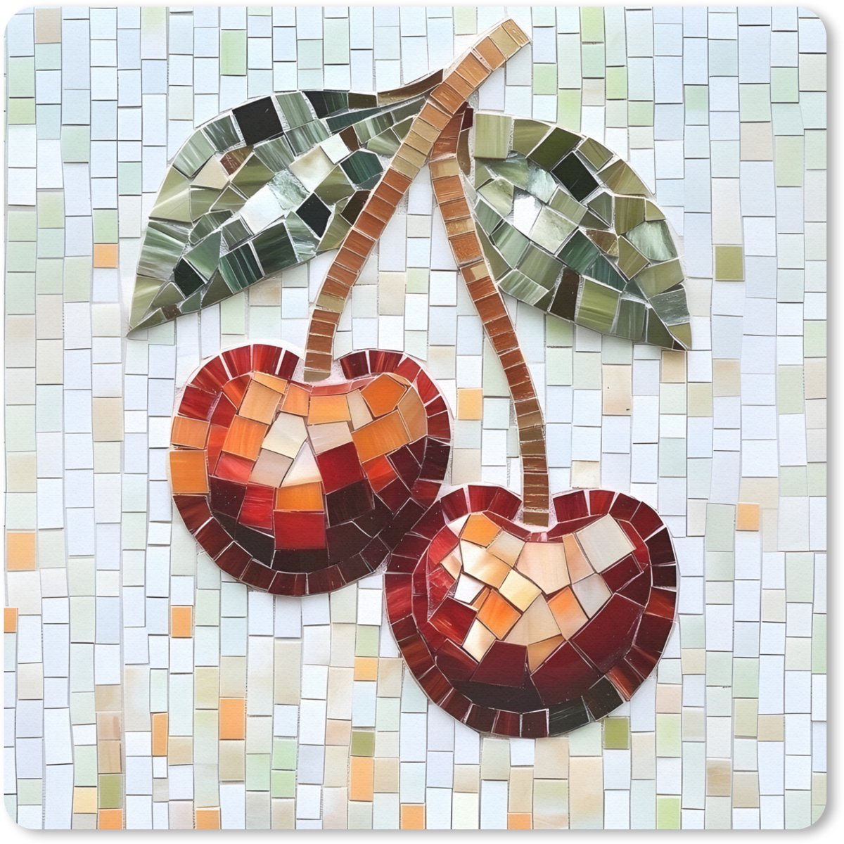 Muismat 20x20 cm - Mousepad Kersen - Rood - Mozaïek - Blaadjes - Muismatten
