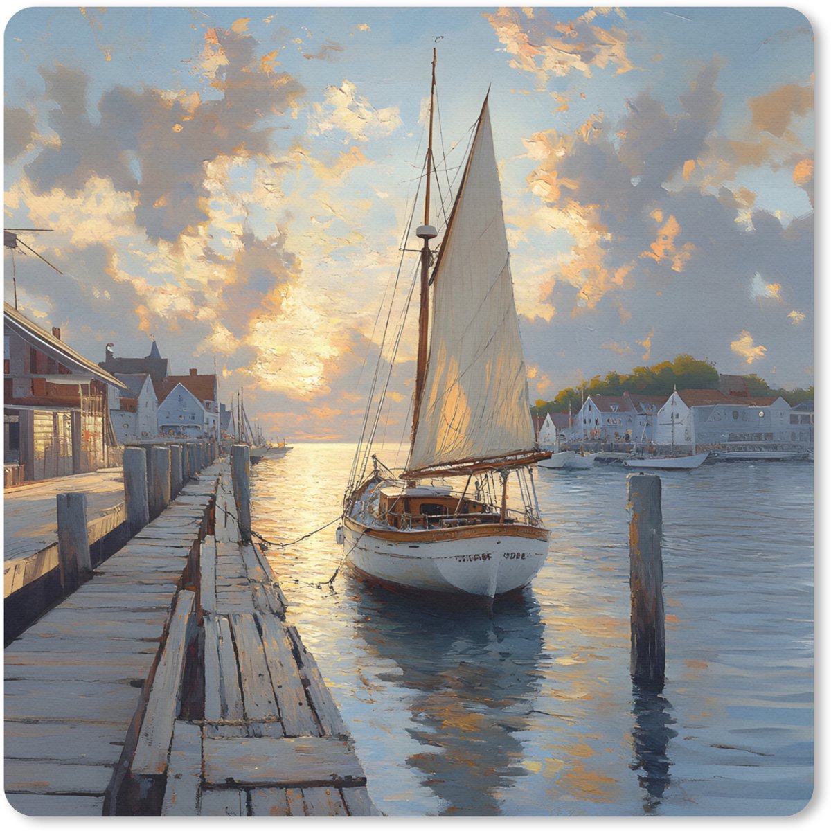 Muismat 30x30 cm - Mousepad Zeilboot - Zon - Pier - Hout - Muismatten