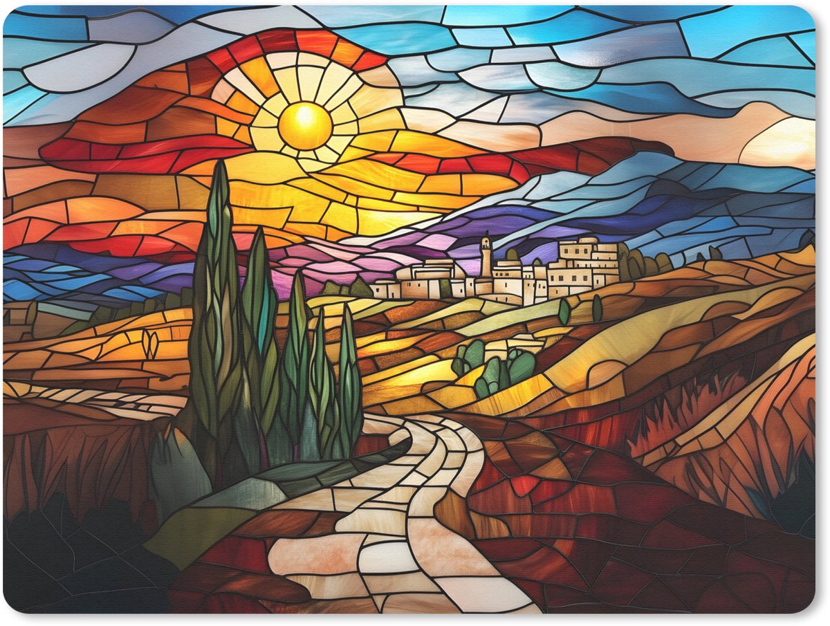 Muismat 23x19 cm - Mousepad Mozaïek - Zon - Landschap - Dorp - Muismatten