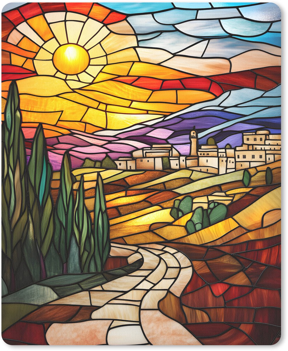 Muismat 19x23 cm - Mousepad Mozaïek - Zon - Landschap - Dorp - Muismatten