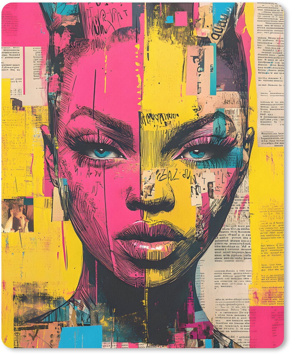 Muismat 19x23 cm - Mousepad Vrouwengezicht - Krantenpapier - Abstract - Roze - Muismatten