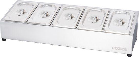 Cozze RVS topping station met vijf gesloten deksels, vanuit een hoek gefotografeerd op een witte achtergrond.