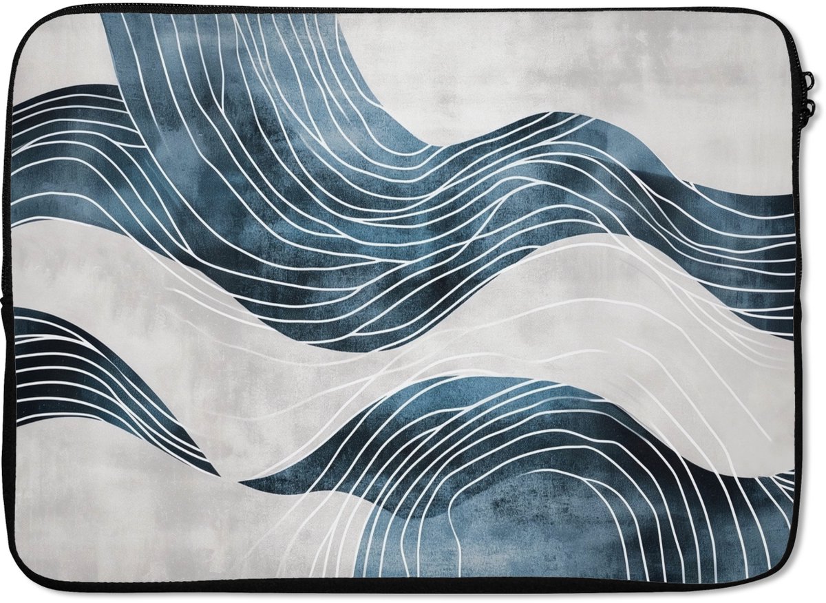 Laptophoes 14 inch - Lijnen - Golven - Abstract - Blauw - Laptop sleeve - Binnenmaat 33x23 cm - Zwarte achterkant