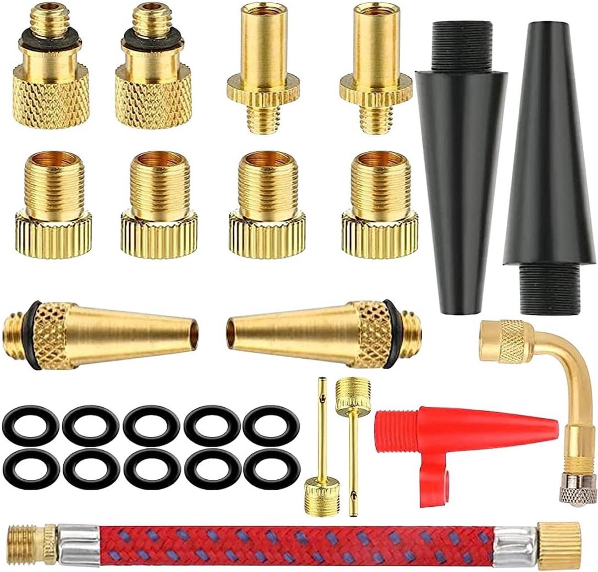 Allecto Plus - Fietsbandventieladapters - Set van 27 stuks - Hoogwaardige ventieladapters voor fietspomp en compressor - DV AV SV - Inclusief balnaald