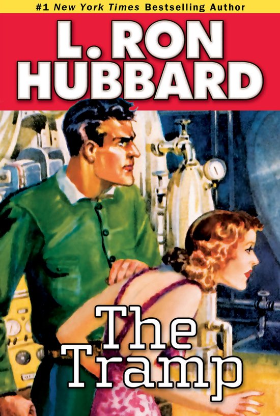 Boekcover "The Tramp" van L. Ron Hubbard, met een man in groen shirt en een vrouw in paarse jurk, in een industriële omgeving.