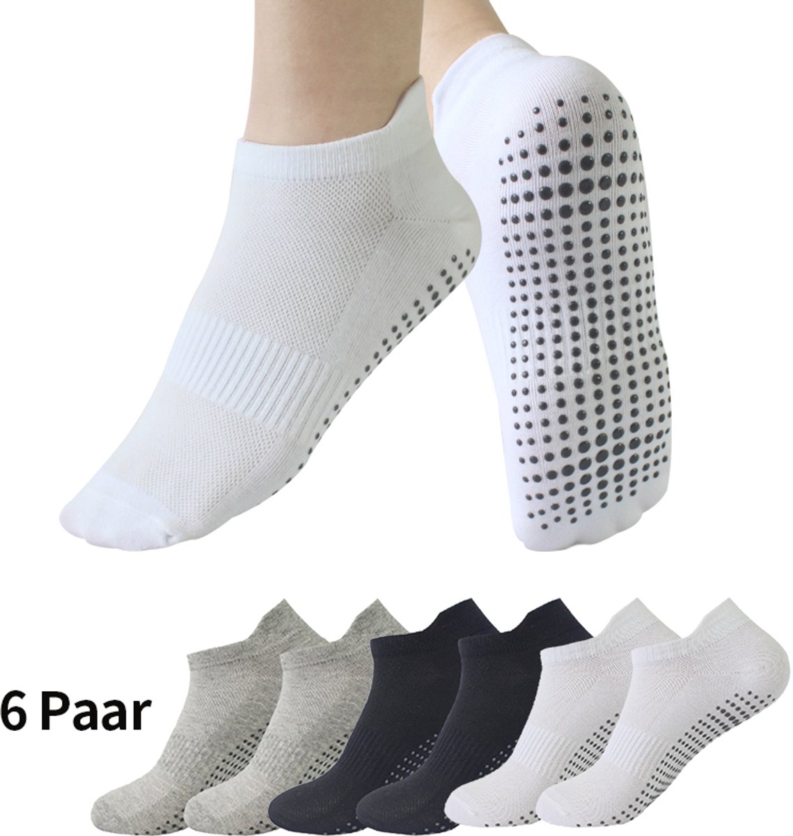 Yoga Sokken Antislip Dames - 6 Paar - maat 36-41 - Yoga Enkelsokken - pilates sokken antislip- Huissokken Dames anti slip - Voor Yoga Pilates Ballerina Ballet - Zwart&Grijs&Wit