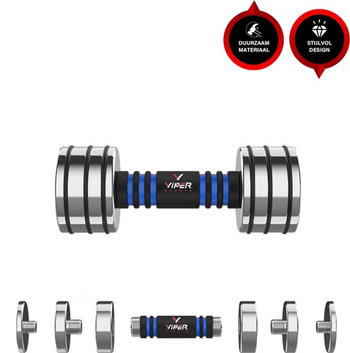 Viper Sports Verstelbare gewicht 15 kg – Dumbbells – Anti-slip – Mirror finish - RVS/Foam – Steel Blue - 1 Stuks