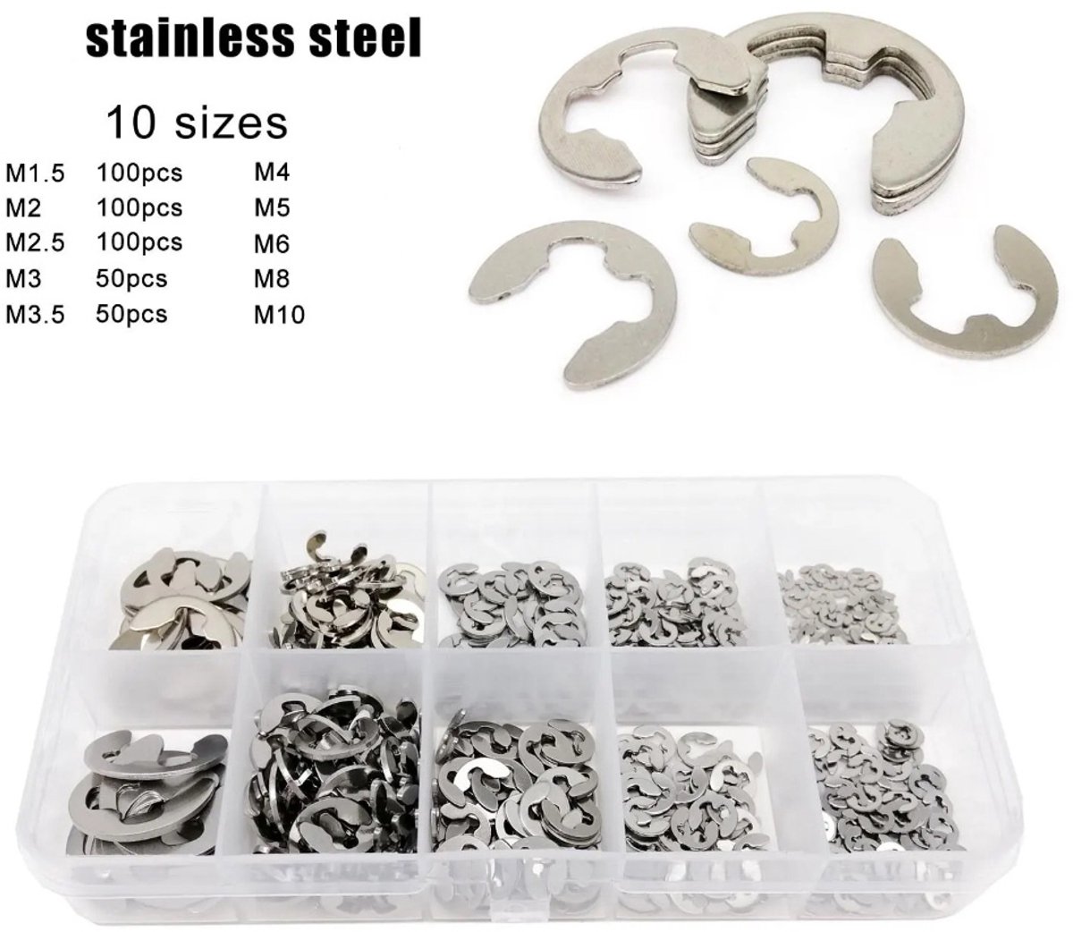 Actie4you® - Luxe E Borgringen Set - Tools Klussen - Reparatie Tool - Gereedschap Sluitingen - RVS Ringen - Ring M1.5 tot M10 - 580st - Zilver