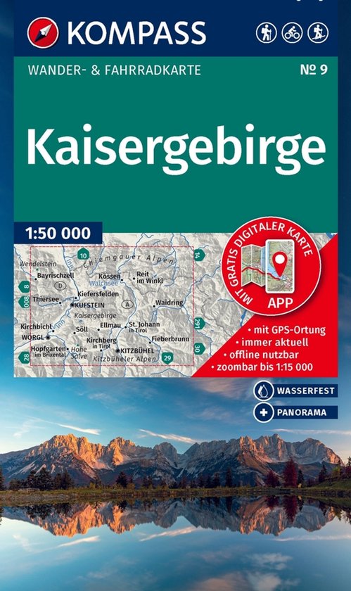 Wandel- en fietskaart van de "Kaisergebirge" op schaal 1:50.000. Met "GRATIS DIGITALE KAART APP".", bergen, landschap.