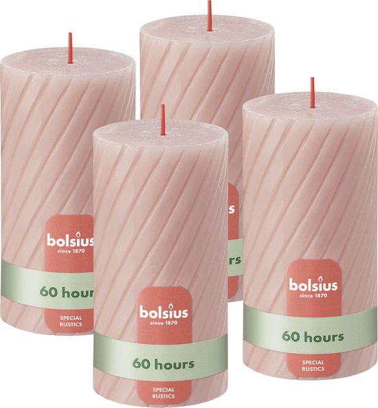 Bolsius - Bougies rustiques - Motif torsadé - 4 pièces - Rose - Durée de combustion 60 heures - 13 cm