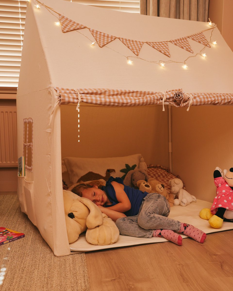 NOVOB® Speeltent - Kinder tent Jongens & Meisjes - Speelhuis voor Binnen - Kinderspeelgoed 3 t/m 8 jaar- Incl. Zachte Mat met Verlichting, 2 Vlaggetjes & Opbergvakken - Beige/Bruin — afbeelding 15