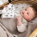 Baby in een mandje met een bruin gebreide deken, crèmekleurige longsleeve en bijpassende spuugdoekjes.
