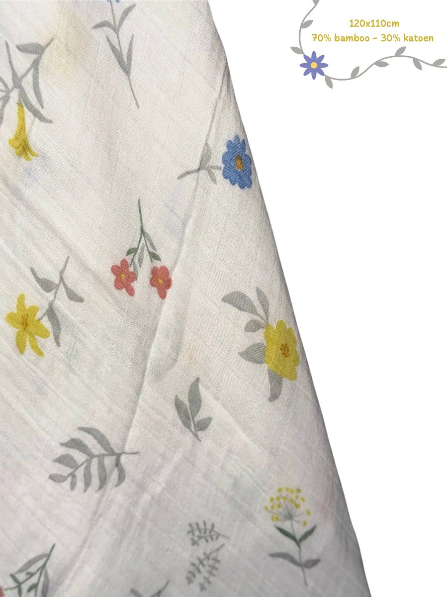 The Baby Supply Hydrofiele Doek Bloem Wit – 120×110 cm | 70% Bamboe – 30% Katoen | Extra Zacht & Ademend | Set van 1
