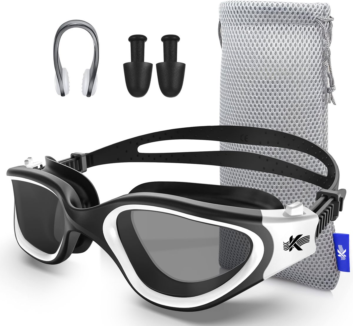 Kyrox Gepolariseerde Zwembril - Anti Condens - UV Bescherming - Inclusief Oordoppen en Neusklem - Duikbril - Verstelbare Band - Unisex - Zwembril volwassenen & kinderen - Wit (Smoke Lens)