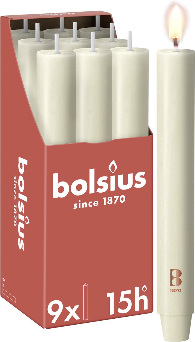Bolsius 9 Dinerkaarsen Rustiek Extra Breed - Ivoor - 23 cm - Diameter 3 cm - 15 Branduren