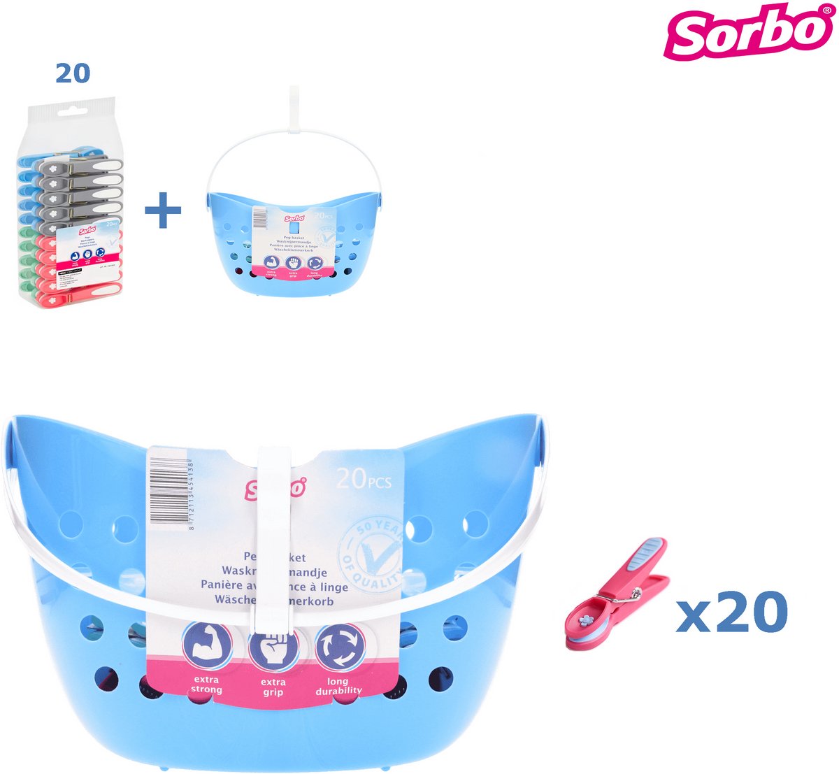 Goedkoopste Sorbo Wasknijpermandje 20 Sorbo Wasknijpers - Soft Grip Wasknijpers - UV Bestendige Wasknijpermand - Extra Sterke Wasknijpers - 20 Sorbo Wasknijpers