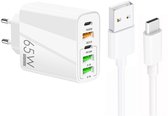 65W 5-Poorts USB Lader met Dual USB-C PD + 3X USB-A - Inclusief 1 meter 3A USB naar 8-Pin Kabel - Snellader - wit