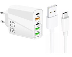 65W 5-Poorts USB Lader met Dual USB-C PD + 3X USB-A - Inclusief 1 meter 3A USB naar 8-Pin Kabel - Snellader - wit