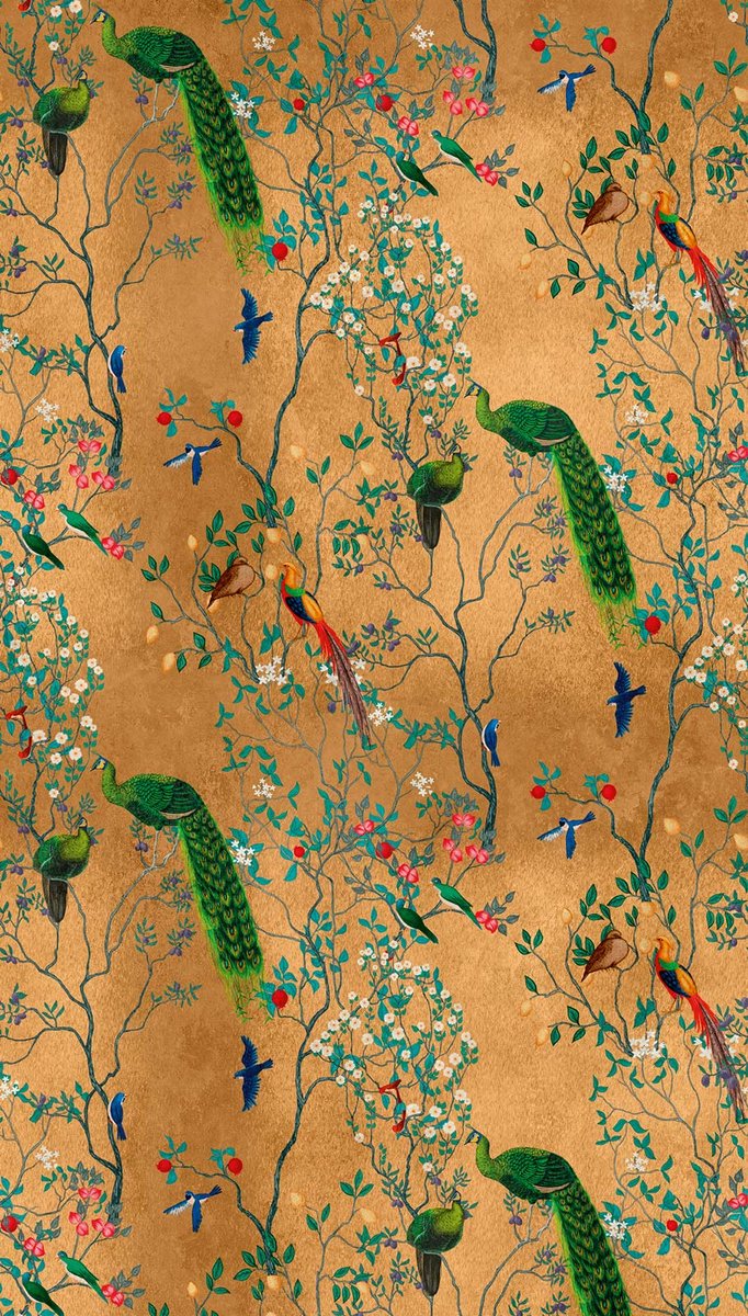 Pauw-behang goud, Aziatisch behang met vogels in takken, pauwen-behang Chinees 398821, vliesbehang vogel op tak 39882-1, BRICOFLOR.nl
