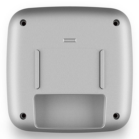 Zilverkleurige achterkant van een access point met schroefgaten.