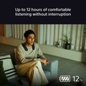 Man zit op de bank met nekband speaker. Tekst: 'Up to 12 hours of comfortable listening without interruption'. Batterij-icoon met 12 uur.