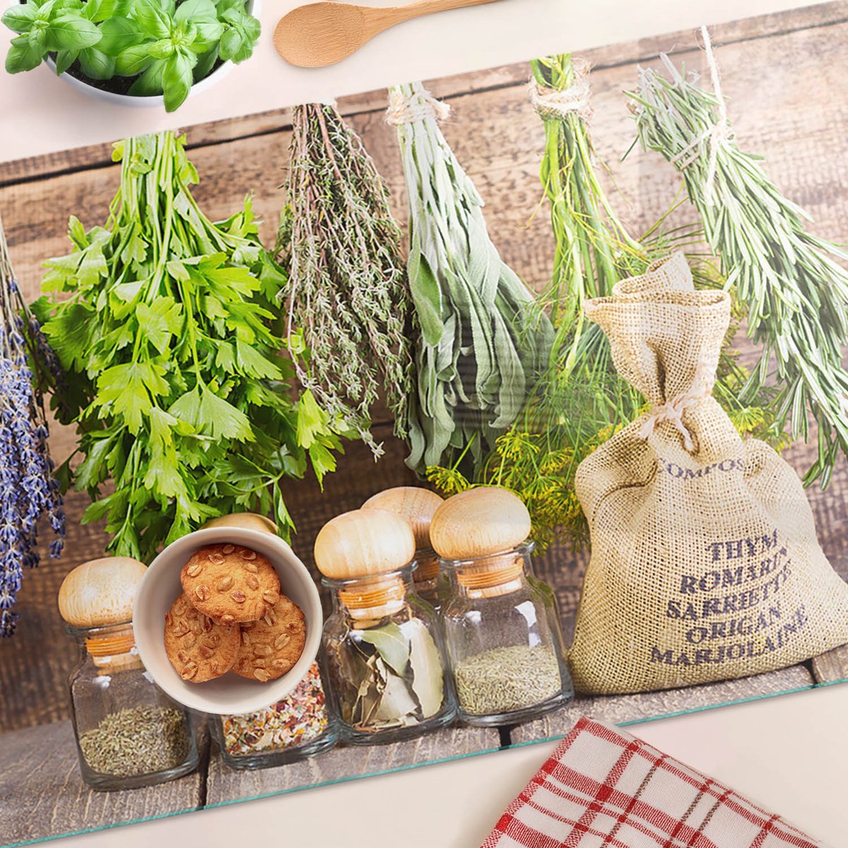 Planche de cuisine rectangulaire en verre, 52x30 cm Pots d'herbes et de