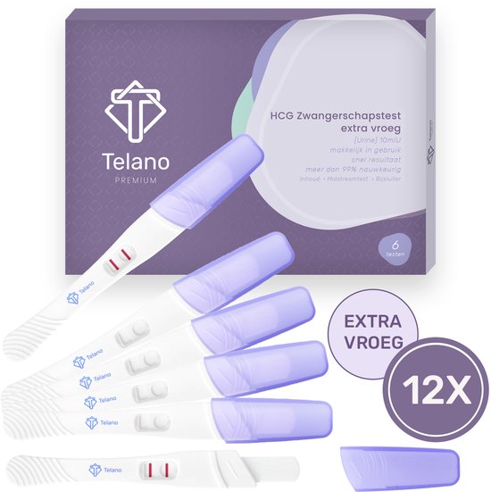 Telano Premium zwangerschapstest, 12 stuks in paarse verpakking, meerdere testen met paarse dop.