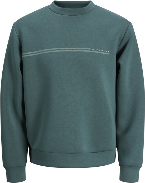 Pull-over vert d'eau avec deux lignes grises sur la poitrine et le texte 'JACK & JONES'.