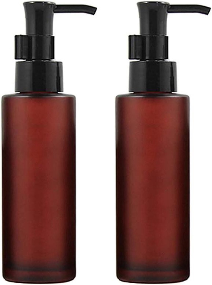 Allecto Plus - Amber Frosted Glazen Lotion Pomp Flesjes 100ML - Set van 2 Stuks - Make-up Opslag Flesjes voor Essentiële Olie - Toner Dispenser