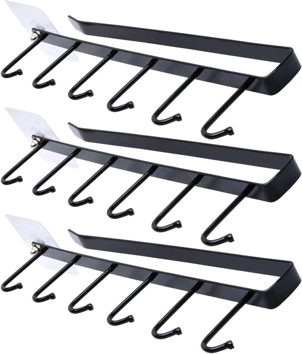 3-delige mokhaken voor onder plank met zelfklevende schroef bekerhouder - mokkenhanger voor onder kast met 6 haken - ideaal voor opslag mokken, koffiekopjes en keukengerei (zwart)