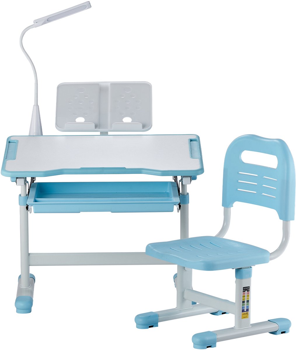 In hoogte verstelbare bureauset voor kinderen met werktafel en stoel (53-71 cm), belastbaar tot 100 kg, inclusief tafellamp en kantelbaar tafelblad (0-40°) in blauw