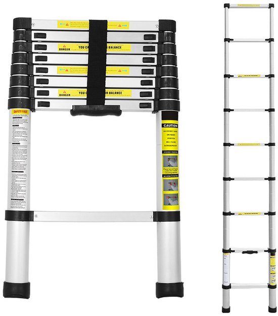 Telescopische Ladders - Soft Close - Werkhoogte 2.6 m - zilverachtig-enkele trap- Belasting 150 kg