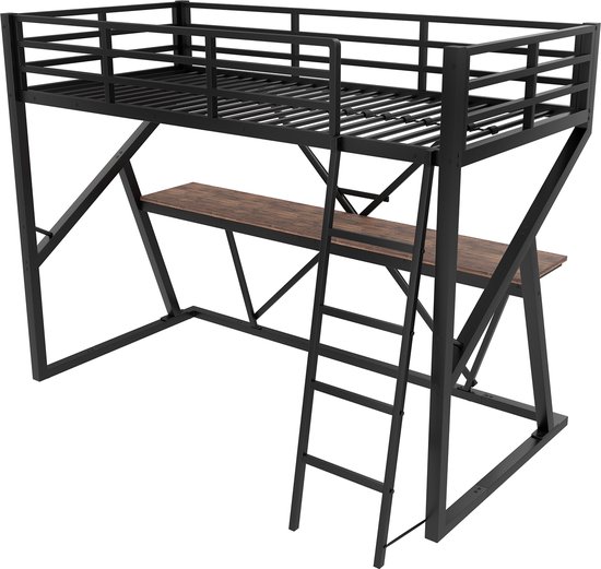 Lit mezzanine - 90 x 200 cm - avec éclairage LED- garde-corps - escalier - bureau - sans matelas - noir