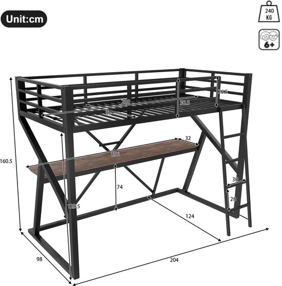 Lit mezzanine - 90 x 200 cm - avec éclairage LED- garde-corps - escalier - bureau - sans matelas - noir