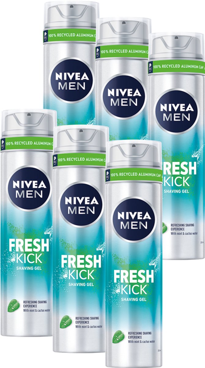 NIVEA MEN Fresh Kick Scheergel - Beschermt Tegen Kleine Snijwondjes en Irritaties - Voordeelverpakking - 6 x 200 ml