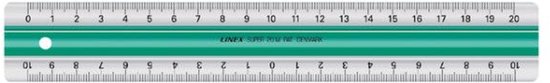 Een Linex liniaal van 20 cm met duidelijke centimeters en millimeters, en een groene middelstrook.