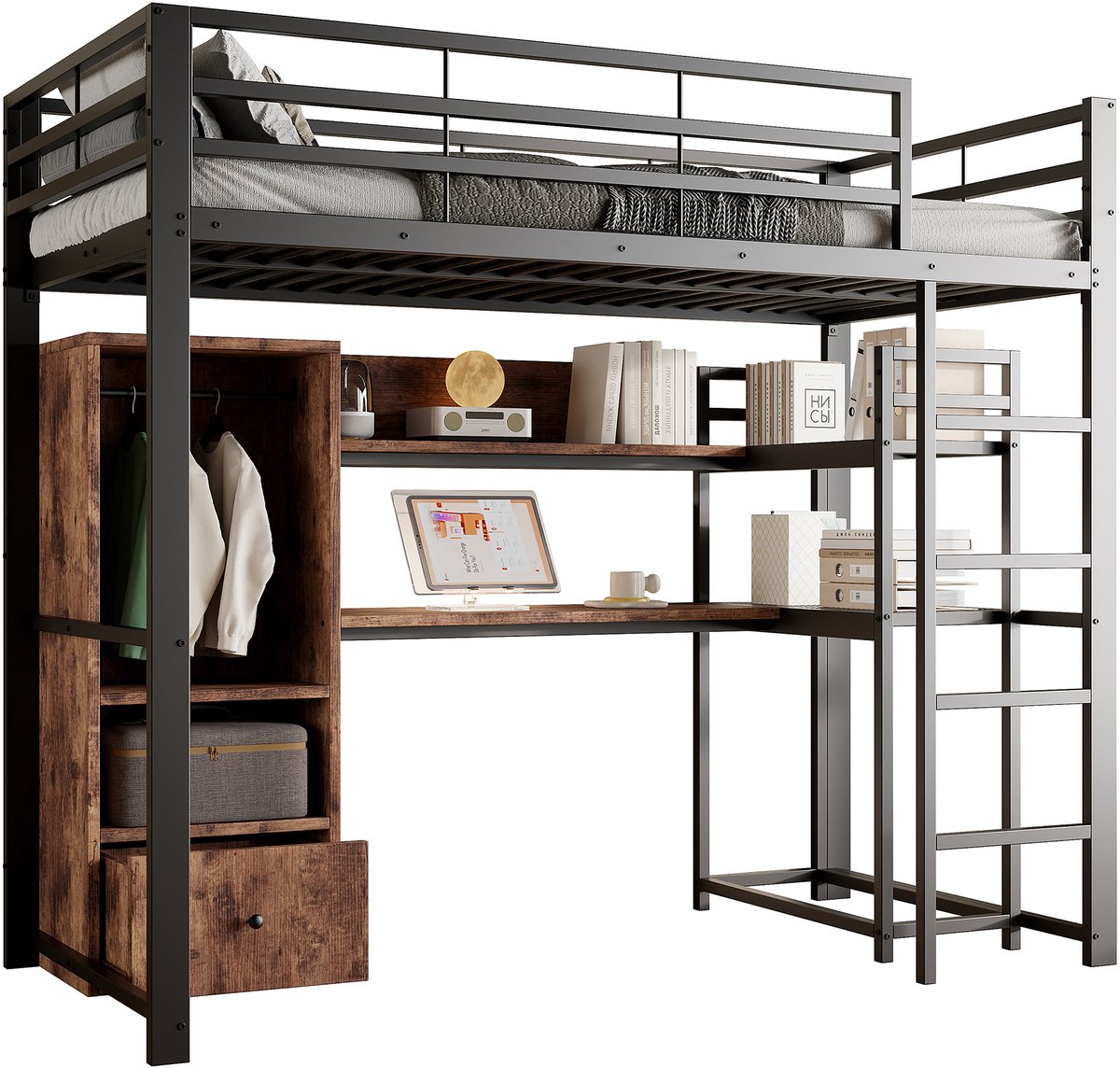 Hoogslaper 140 x 200 cm - Tweepersoonsbed met bureau en ledverlichting - wit - matras niet inbegrepen