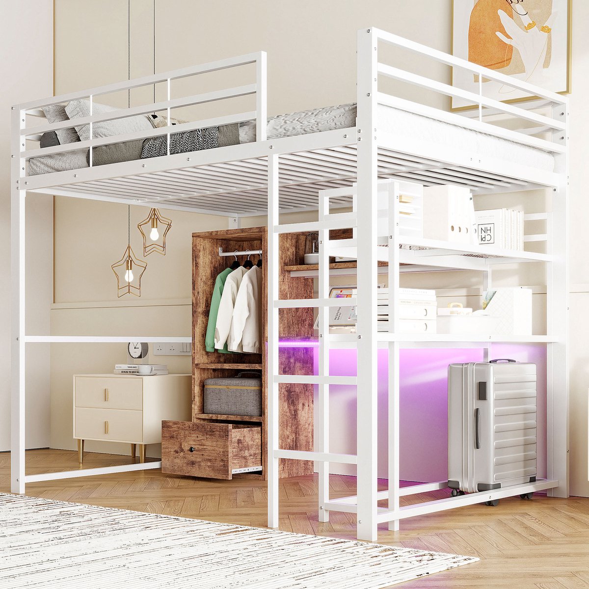 Hoogslaper 140x200 cm met bureau en kleine kledingkast - Metalen bed met ledverlichting, leuning, trap en lade - Wit(matras niet inbegrepen